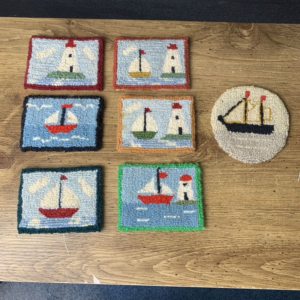Vintage 7 Nautical Coaster Hand Hooked Wool Lighthouse Sailboat Different Sizes